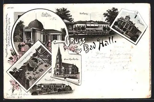 Lithographie Bad Hall, Tasilo-Jodquelle, Theater, Neue Pfarrkirche, Unterer Marktplatz