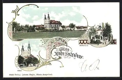 Lithographie Maria-Lanzendorf, Kirche, Calvarienberg und Gesamtansicht