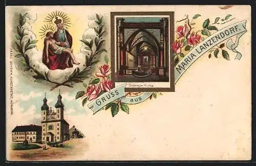 Lithographie Maria Lanzendorf, Gnadenbild, Wallfahrtskirche, Inneres der Kirche