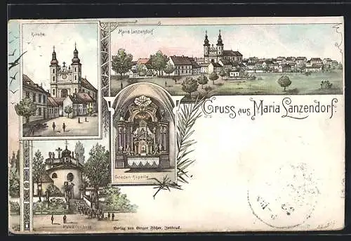Lithographie Maria Lanzendorf, Ortsansicht, Kirche, Kalwarienberg