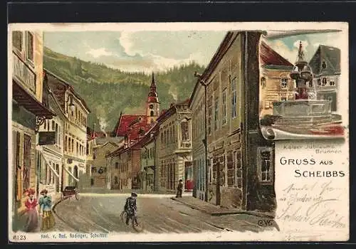 Lithographie Scheibbs, Strassenpartie, Kaiser Jubiläums-Brunnen