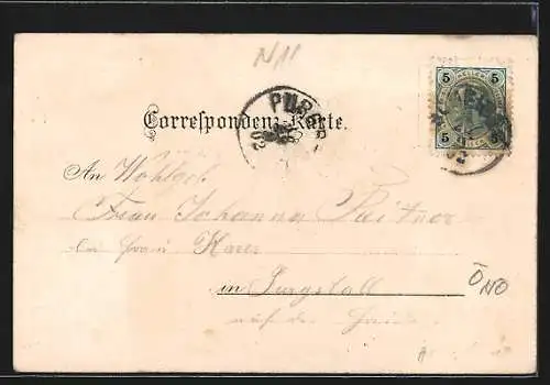 Lithographie Scheibbs, Strassenpartie, Kaiser Jubiläums-Brunnen