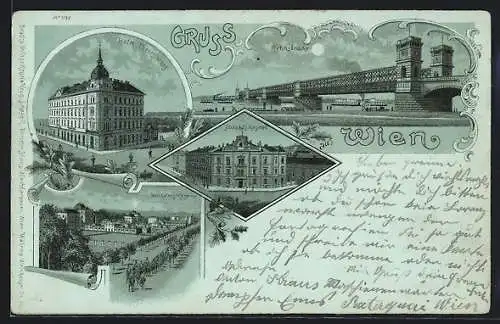 Mondschein-Lithographie Wien, Reichsbrücke, Hotel Theresienhof, Albrechts-Kaserne, Wilhelms-Kaserne