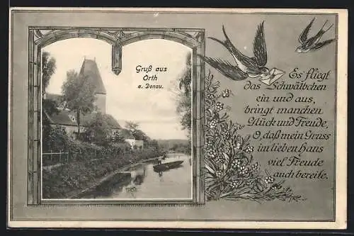 AK Orth a. d. Donau, Flusspartie mit einem Stocherkahn