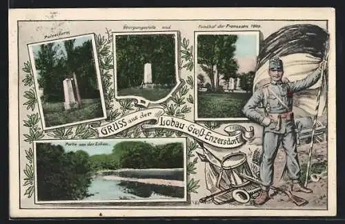 AK Lobau-Gross-Enzersdorf, Pulverturm, Übergangsstelle und Friedhof der Franzosen, Soldat in Uniform