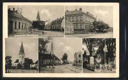 AK Lassee im Marchfelde, Blick zur Kirche, Denkmal, Gemeindeamt