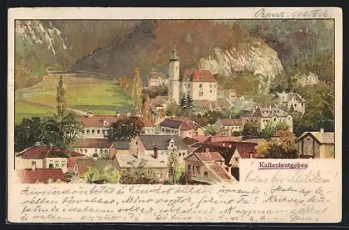 Lithographie Kaltenleutgeben, Ortsansicht aus der Vogelschau