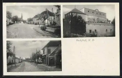 AK Bockfliess, Schloss, Historischer Pranger, Strassenpartie mit Warenhaus Benesch