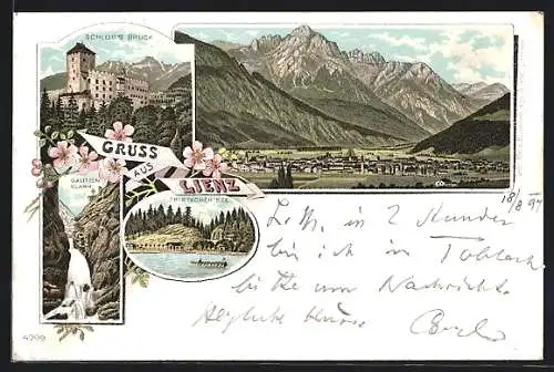 Lithographie Lienz, Panorama, Schloss Bruck, Galitzenklamm