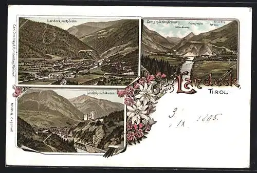 Lithographie Landeck, Gesamtansicht aus der Vogelschau, Zams m. Schloss Kronburg