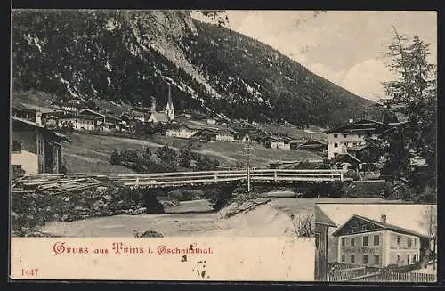 AK Trins, Ortspartie mit hölzerner Brücke