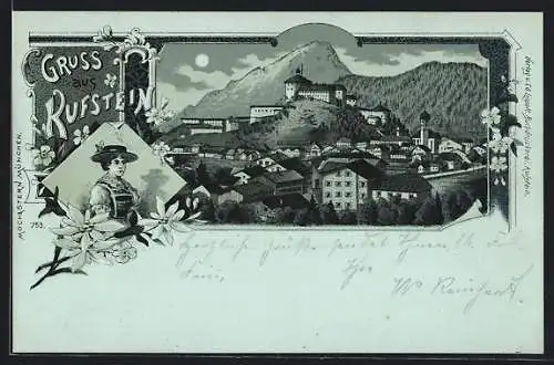 Mondschein-Lithographie Kufstein, Ortsansicht mit der Festung