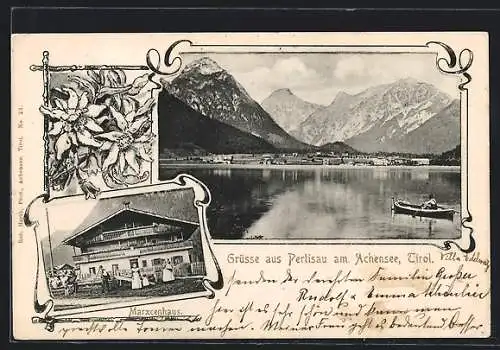 AK Pertisau am Achensee, Das Marxcenhaus, Ruderer auf dem See