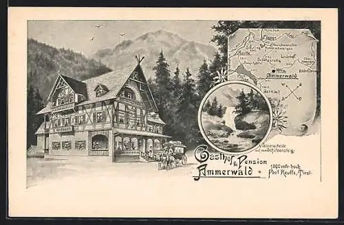 Lithographie Reutte, Gasthof und Pension Ammerwald, Kutsche davor