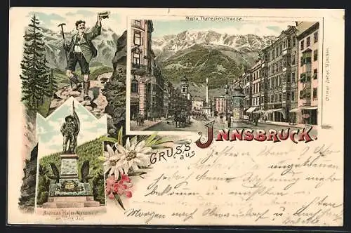 Lithographie Innsbruck, Maria-Theresienstrasse mit Andreas-Hofer-Monument