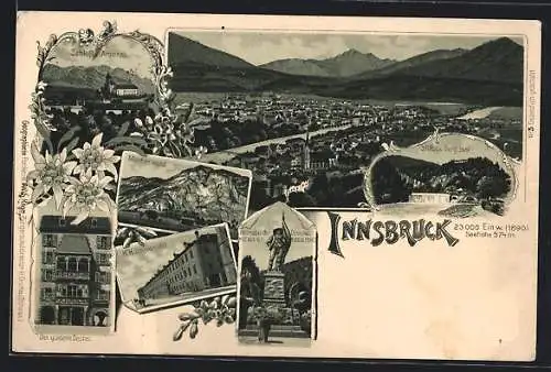 Lithographie Innsbruck, K. K. Universität, Goldenes Dachl, Schloss Ambras