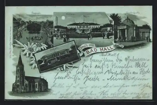 Lithographie Bad Hall, Kurhaus, Neue Pfarrkirche und Tassilo Quelle