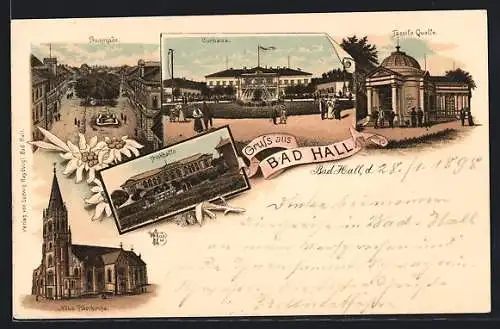 Lithographie Bad Hall, Tassilo Quelle, Trinkhalle, neue Pfarrkirche