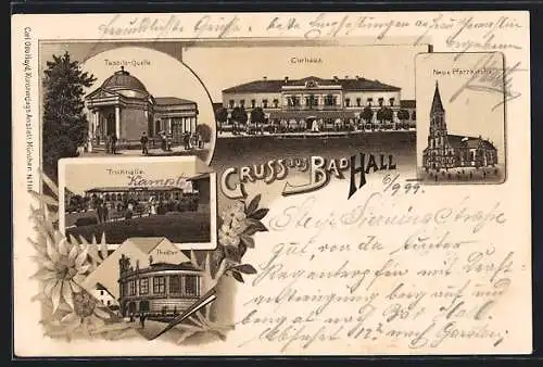 AK Bad Hall, Curhaus, Tassilo-Quelle, neue Pfarrkirche, Trinkhalle, Theater