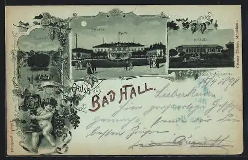 Lithographie Bad Hall, Curhaus, Trinkhalle, Promenade