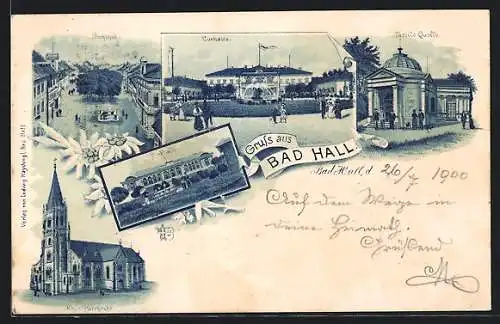 Lithographie Bad Hall, Tassilo Quelle, Trinkhalle, neue Pfarrkirche