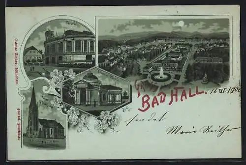 Mondschein-Lithographie Bad Hall, Gesamtansicht aus der Vogelschau, Theater, Tassilo-Quelle, neue Pfarrkirche
