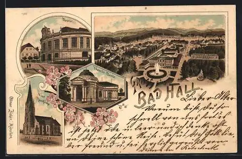 Lithographie Bad Hall, Theater, Thassilo Quelle, Neue Pfarrkirche