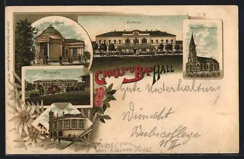 Lithographie Bad Hall, Kurhaus, Neue Pfarrkirche, Theater Trinkhalle, Tassilo-Quelle