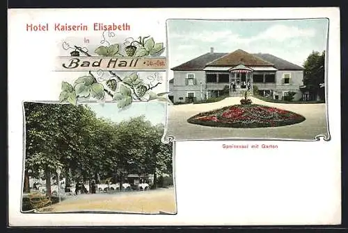 AK Bad Hall, Hotel Kaiserin Elisabeth, Speisesaal mit Garten