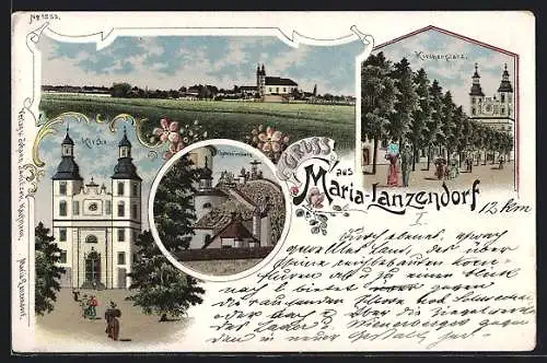 Lithographie Maria-Lanzendorf, Kirchplatz, Kirche, Calvarienberg