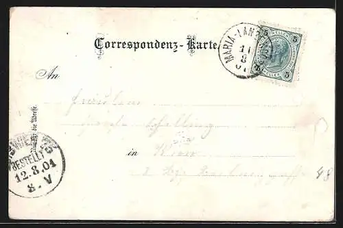 Lithographie Maria Lanzendorf, Strassenpartie mit Kirche, Pieta, Bahnhof