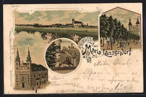 Lithographie Maria-Lanzendorf, Ansicht aus der Ferne, Kirchenplatz, Calvarienberg, Kirche