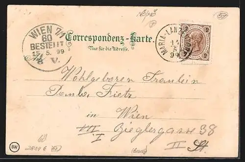 Lithographie Maria-Lanzendorf, Ansicht aus der Ferne, Kirchenplatz, Calvarienberg, Kirche