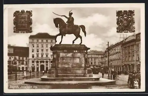AK Zagreb, Jelacicev Trg, Reiterstandbild, Denkmal