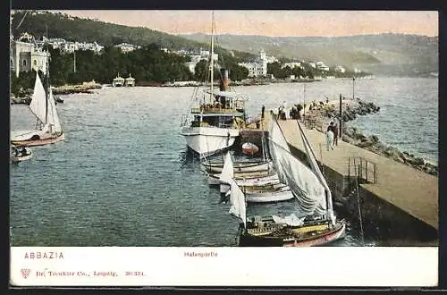 AK Abbazia, Hafenpartie mit Dampfer und Segelbooten