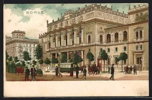 Lithographie Wien, Spaziergänger vor der Börse