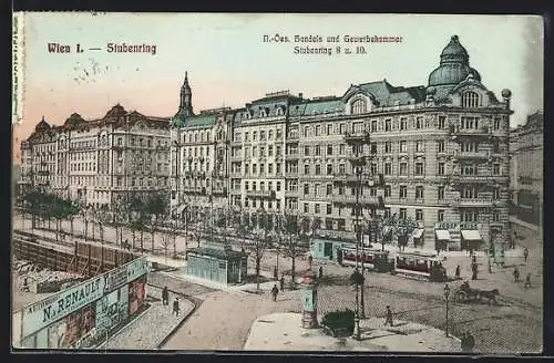 AK Wien, N.-Öes. Handels- und Gewerbekammer, Stubenring 8 und 10, Strassenbahn davor