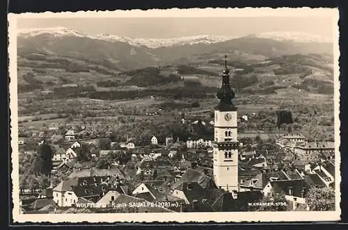 AK Wolfsberg i. K., Der Kirchturm mit Blick auf die Saualpe