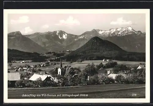 AK Schiefling am Wörthersee, Ortsansicht mit dem Mittagskogel