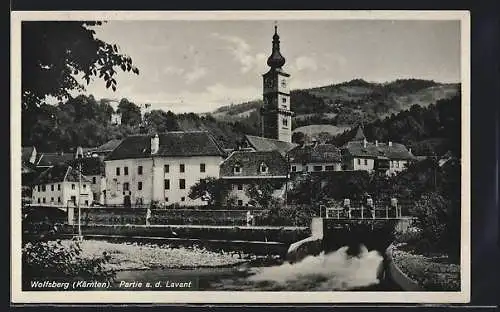 AK Wolfsberg /Kärnten, Partie an der Lavant mit dem Kirchturm