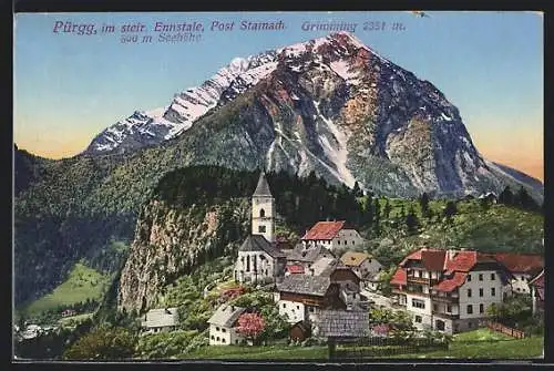 AK Pürgg, Ortsansicht mit Kirche und Blick zum Grimming