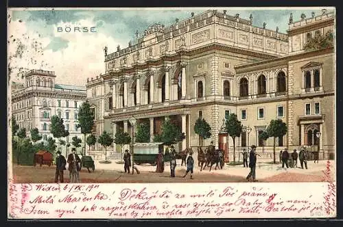 Lithographie Wien, Spaziergänger vor der Börse