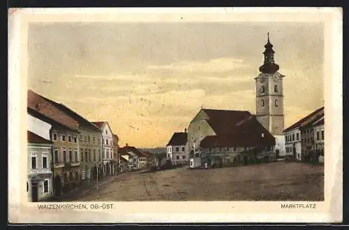 AK Waizenkirchen /Ob.-Öst., Marktplatz mit Kirche