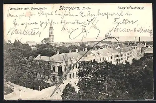 AK Stockerau, Panorama mit Pfarrkirche und Pampichlerstrasse