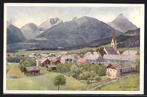 Künstler-AK Kötschach im Gailtal, Ortschaft mit Kirche aus der Ferne