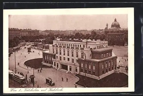 AK Wien, Verkehrsbüro und Karlskirche mit Strassenbahn