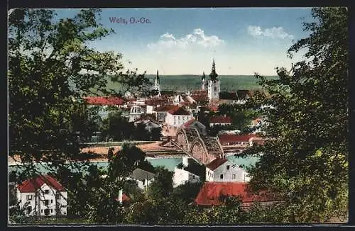 AK Wels, Blick auf die Brücke und die Stadt