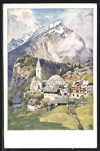 Künstler-AK Pürgg im Ennstal, Ortsansicht mit Bergen