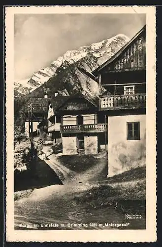 AK Pürgg i. Ennstale, Ortspartie mit Häusern und Blick zum Grimming, Maiergassl