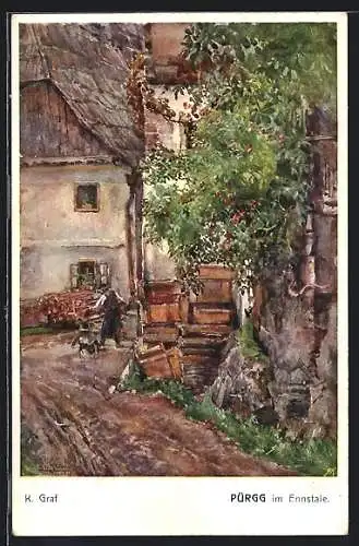 Künstler-AK Pürgg im Ennstale, Strassenpartie mit Mann und Hund